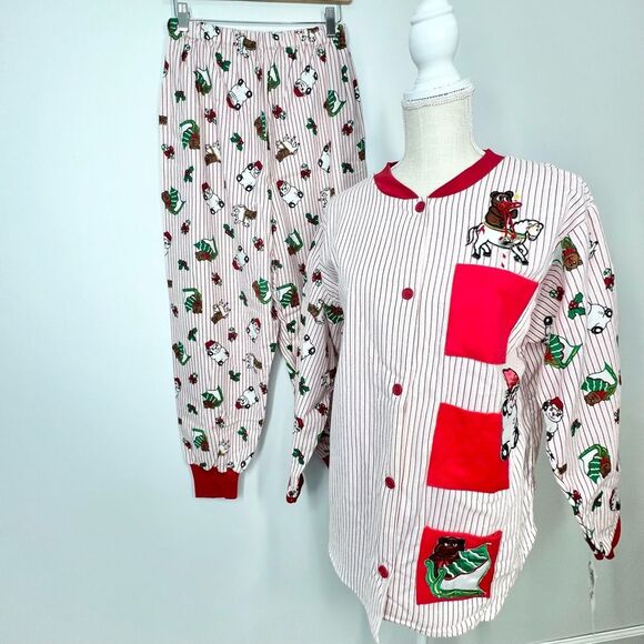 NWT VTG Moon Dance Christmas Teddy Bear Holly Candy Cane Striped Pajama Set M - Picture 1 of 12